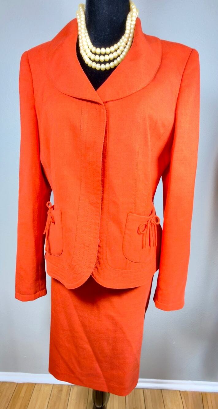 Albert Nipon Orange Skirt Suit Set Blazer Jacket Pencil Skirt Sz 8 Coral Wool